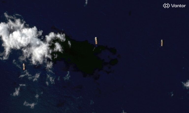 A satellite image taken on August 3 shows three ships working to recover SpaceX's Starship rocket. From left to right, they are Skimmer Tide, Normand Ranger, and Go Australis.