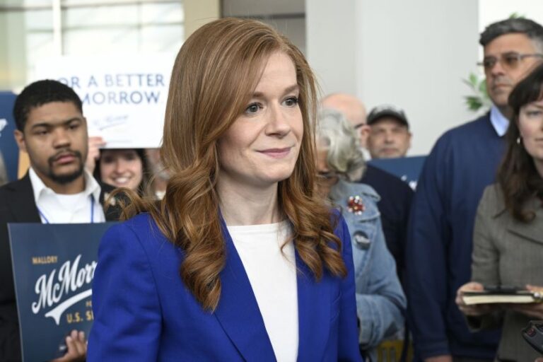 Michigan State Sen. Mallory McMorrow listens to questions from the media during the Michigan Democratic Party State Endorsement Convention in Detroit, on April 19, 2026.