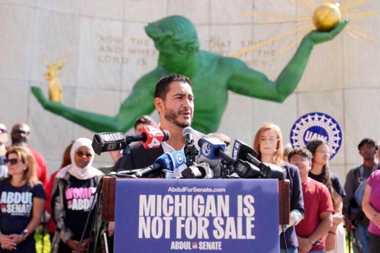 Abdul El-Sayed speaks during a news conference at the Spirit of Detroit shortly after winning the Democratic nomination for U.S. Senate in Michigan, Wednesday, August 5, 2026, in Detroit.