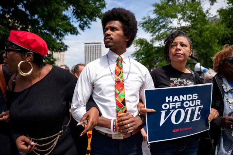 Tennessee state Rep. Justin Pearson marches to the Tennessee state capital building in Nashville, Tennessee, alongside demonstrators who were protesting efforts by the state's Republican leadership to redistrict congressional election maps, on May 5, 2026.