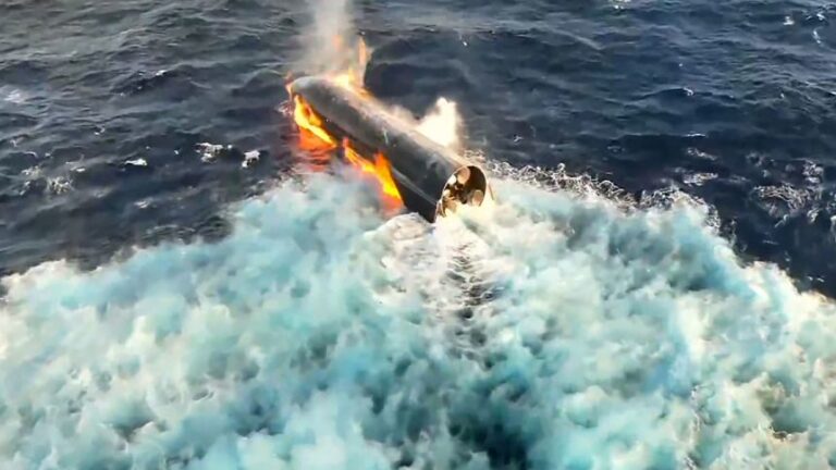 The SpaceX Starship is seen floating in the Indian Ocean after splashdown on Friday, July 24.