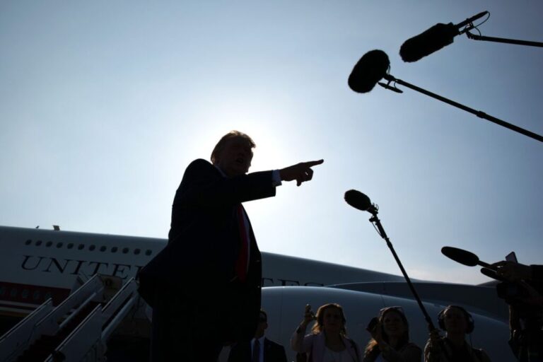 President Donald Trump stops to speak to the media before boarding Air Force One on July 1 at Joint Base Andrews, Maryland.