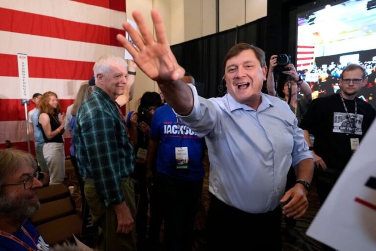 Troy Jackson acknowledges supporters at the Maine Democratic Nominating Convention in Bangor, Main, on July 25.