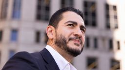 Michigan Democratic Senate primary winner Abdul El-Sayed arrives to a press conference in front of the Spirit of Detroit statue on Wednesday.