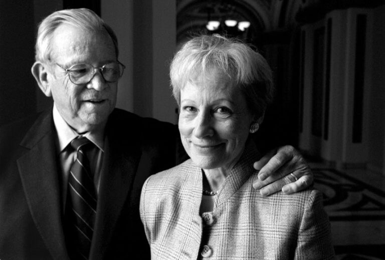 Former Sens. Howard Baker and Nancy Kassebaum outside the House Chambers after they received an award given to former senators on May 13, 1998. The two were husband and wife