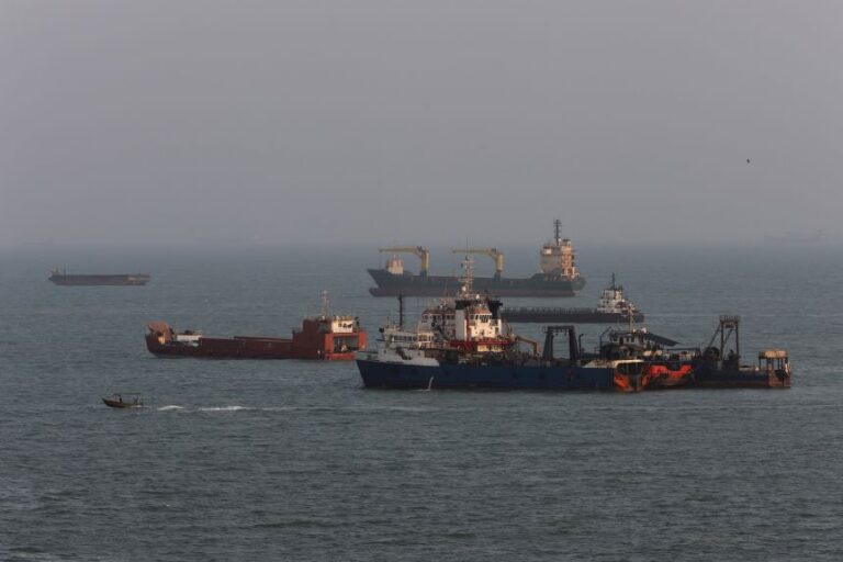 Ships are anchored in the Strait of Hormuz, off the coast of Bandar Abbas, Iran, on August 10, 2026.