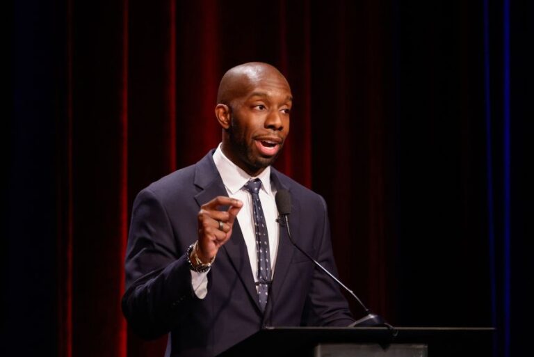 Everton Blair speaks during a primary election debate at Georgia Public Broadcasting in Atlanta, on April 27.