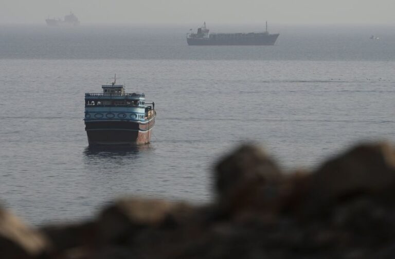 Vessels in the Strait of Hormuz, as seen from Musandam, Oman, on Monday.
