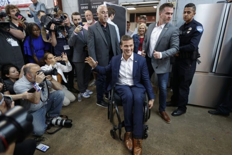 Former Rep. Madison Cawthorn speaks to supporters and the media at his primary election night watch party in Hendersonville, North Carolina, on May 17, 2022.