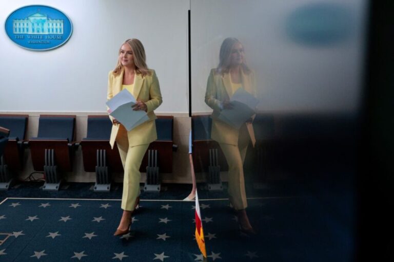 White House press ecretary Karoline Leavitt arrives to talk to reporters during a news conference in the Brady Press Briefing Room at the White House on May 19, 2025.