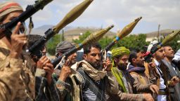 Supporters of the Iran-backed Houthis are seen with their weapons at a rally in solidarity with Iran and Lebanon, in Sanaa, Yemen, on April 8, 2026.
