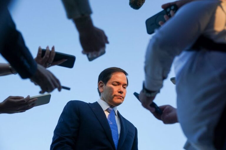 Secretary of State Marco Rubio speaks to the press as he departs Tel Aviv, Israel, in September 2025.