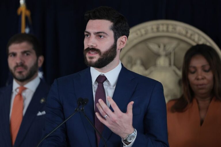 Assemblymember Alex Bores speaks during a press conference regarding legislation on artificial intelligence, in New York on September 21, 2026.