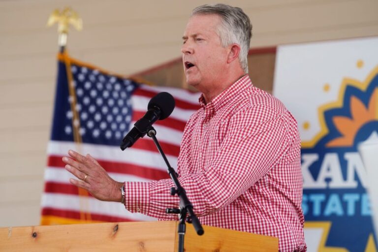 Sen. Roger Marshall talks during a debate at the Kansas State Fair in Hutchinson, Kansas, on September 12.