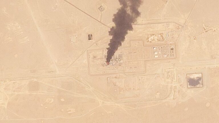 A satellite image shows a small fire burning at a pumping station near Al Dhekra, Saudi Arabia, on September 10, 2026.