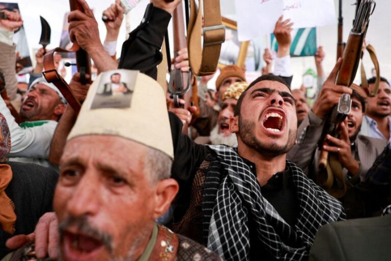 Houthi supporters shout during an anti-Saudi rally in Sanaa, Yemen, on July 31.