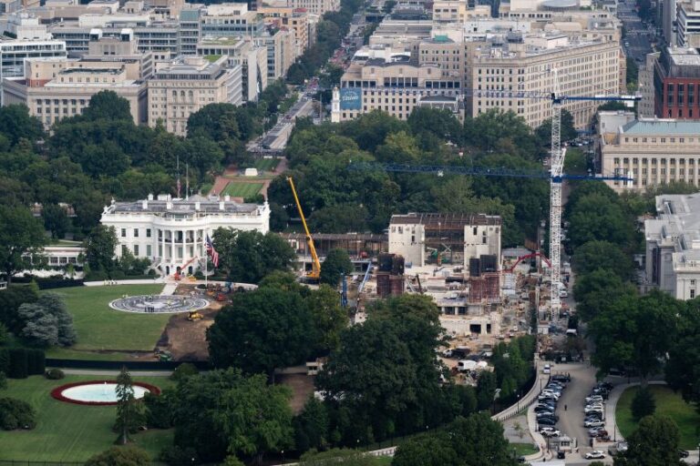 Construction continues on President Donald Trump's White House ballroom, as well as a new helipad for Marine One on the South Lawn, at the White House on September 1, 2026.