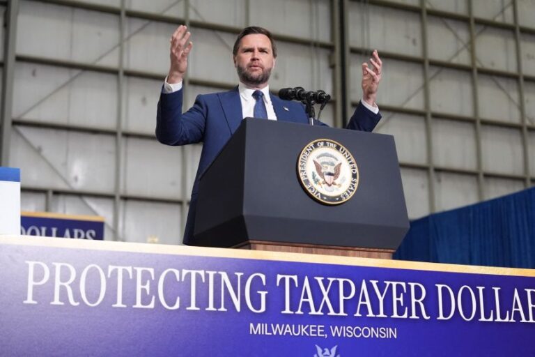 Vance delivers remarks on the administration's work to combat fraud, in Milwaukee, on July 8. (Photo by Mark Schiefelbein / POOL / AFP via Getty Images)