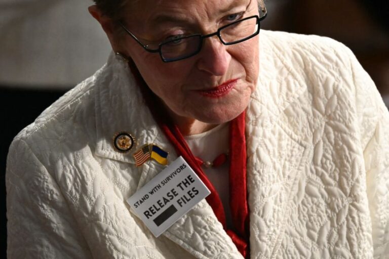 US Representative Marcy Kaptur, Democrat from Ohio, wears a pin reading