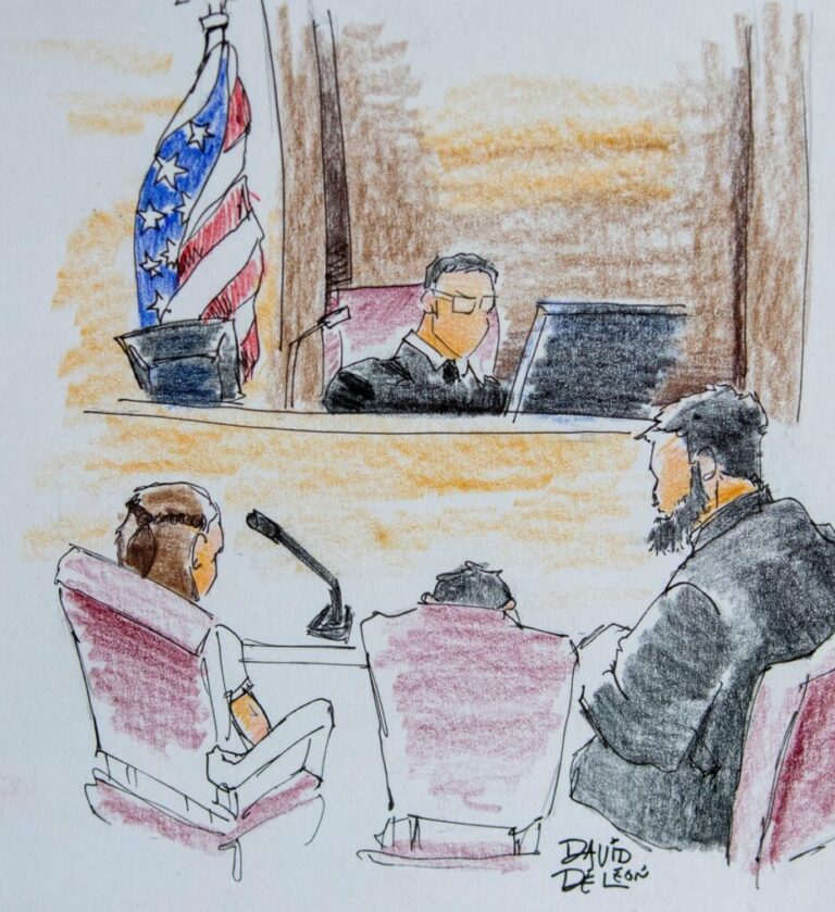 Three-year-old Mateo, center, was in immigration court for an initial appearance. He’s seated next to a caseworker who is there to supervise but not provide legal representation. Mateo’s attorney appeared remotely.