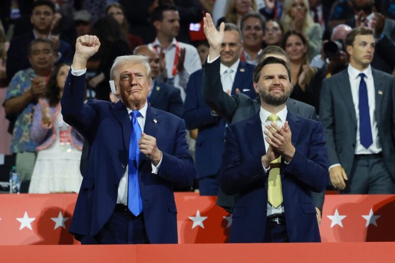 Trump is joined by his recently named vice presidential candidate, then Sen.JD Vance (on the second day of the Republican National Convention on July 16, 2024 in Milwaukee.