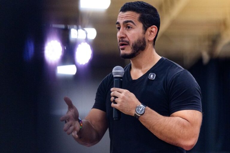 Democratic candidate for US Senate Abdul El-Sayed answers questions from attendees during a town hall event at the Oakland Expo Center in Waterford, Michigan, on September 3.