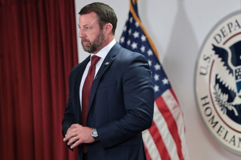 Secretary of Homeland Security Markwayne Mullin stands during a press conference at the US Citizenship and Immigration Services New York field office on September 1.