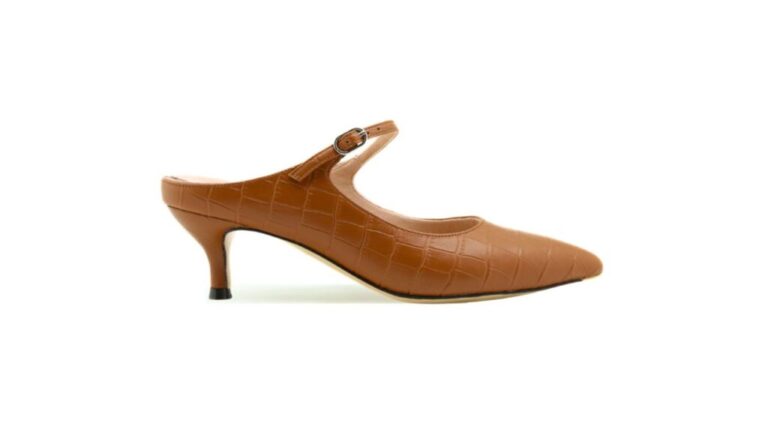Ally Shoes Women's Cognac Embossed Leather Mary Jane Kitten Mules
