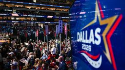 Attendees watch the proceedings during the Republican National Midterm Convention at the American Airlines Center in Dallas, Texas on September 9, 2026.
