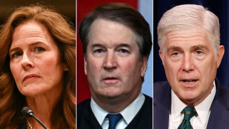 From left: Supreme Court Justices Amy Coney Barrett, Brett Kavanaugh and Neil Gorsuch, all of whom were appointed by President Donald Trump.