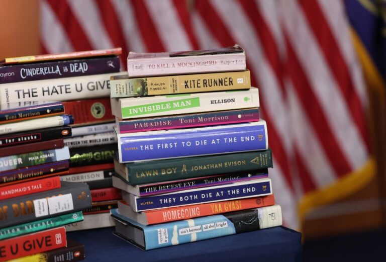Copies of banned books from various states and school systems from around the country. Over the last year, DoDEA has certain books from school shelves.