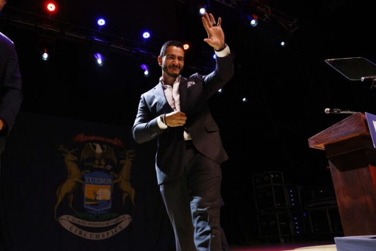 US Democratic Senate candidate from Michigan Abdul El-Sayed waves to supporters after addressing them at his election night event at The Majestic Theatre in Detroit, on August 4.