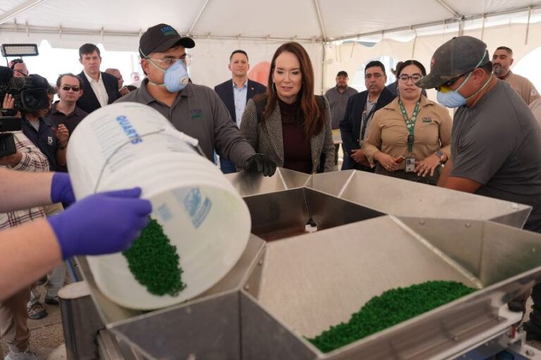 Secretary of Agriculture Brooke Rollins, center, watches as fly pupae are dyed and separated following a ribbon-cutting ceremony for the grand opening of a Domestic New World Screwworm Sterile Fly Production Facility to combat the northward spread of NWS, in Edinburg, Texas, on February 9.