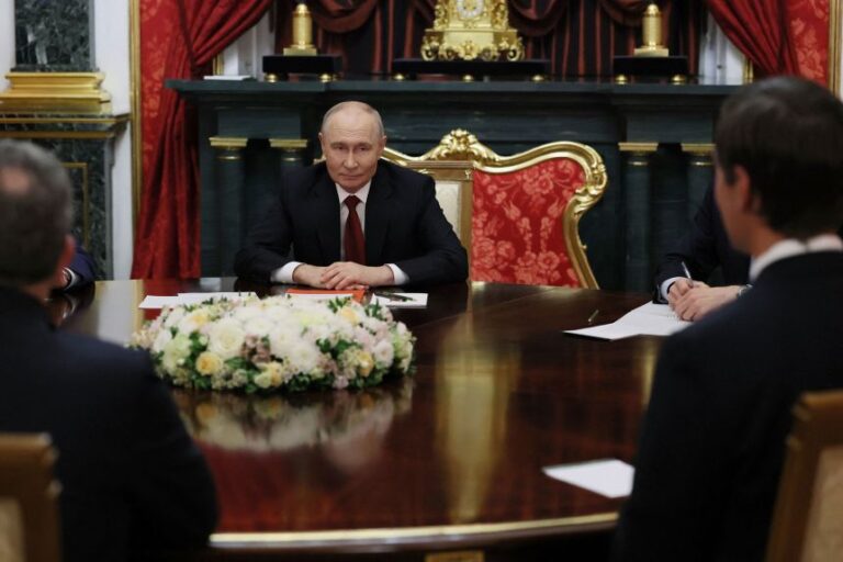 In this pool photograph distributed by the Russian state agency Sputnik, Russia's President Vladimir Putin attends a meeting with Witkoff and Kushner in Moscow on September 5, 2026.