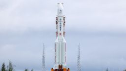 This photo taken on Aug. 19, 2026 shows the combination of the Chang'e-7 lunar probe and the Long March-5 Y14 carrier rocket being transferred vertically to the launching area at the Wenchang Spacecraft Launch Site in south China's Hainan Province.