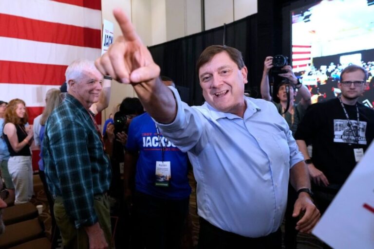 Troy Jackson, Democratic candidate for US Senate, acknowledges supporters at the Maine Democratic nominating convention on July 25, in Bangor, Maine.