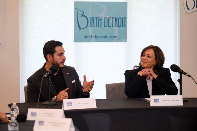 Michigan Democratic Senate candidate Abdul El-Sayed and former Vice President Kamala Harris participate in a roundtable discussion about reproductive health at Birth Detroit on September 22, in Detroit.