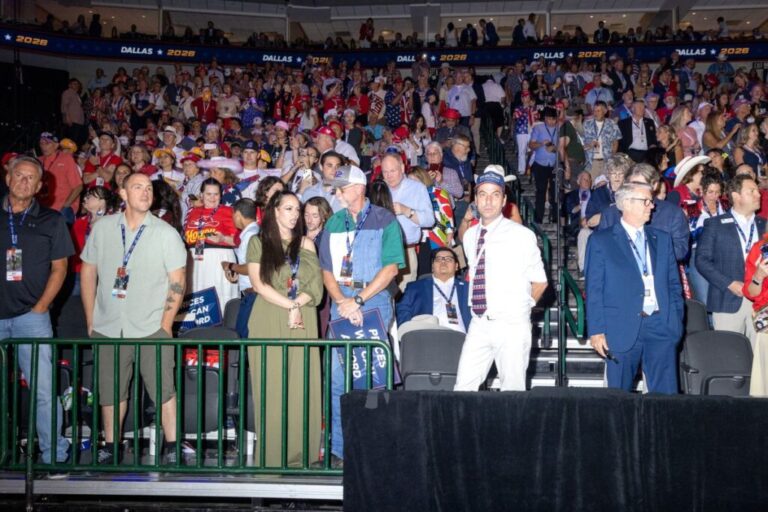 Attendees wait for Trump to arrive after the first night of speakers at the convention on Wednesday, September 9, in Dallas.
