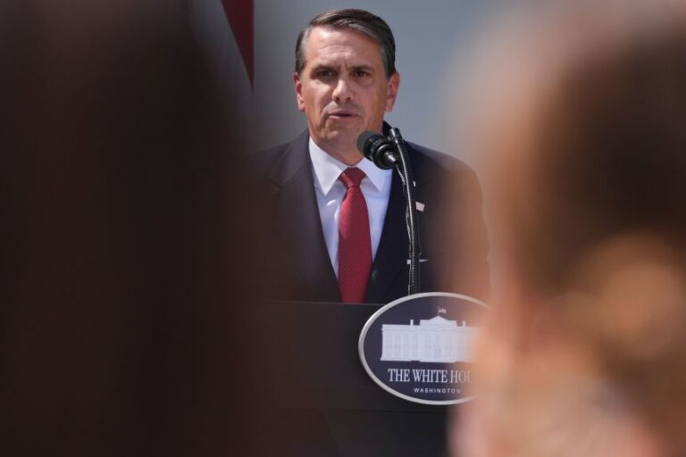 Attorney General Todd Blanche speaks during a news briefing in the Rose Garden of the White House on Tuesday.
