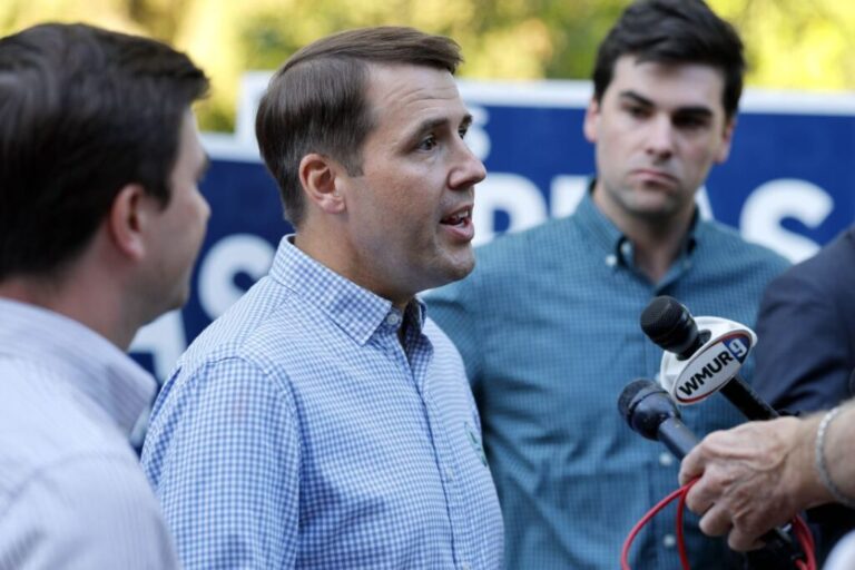 New Hampshire Democratic Senate Candidate Chris Pappas speaks to reporters after he casts his ballot at a polling location on September 8, 2026 in Manchester, New Hampshire.