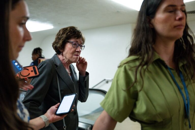 Sen. Susan Collins speaks to the press as she walks to a vote on Capitol Hill,on July 23, 2026.
