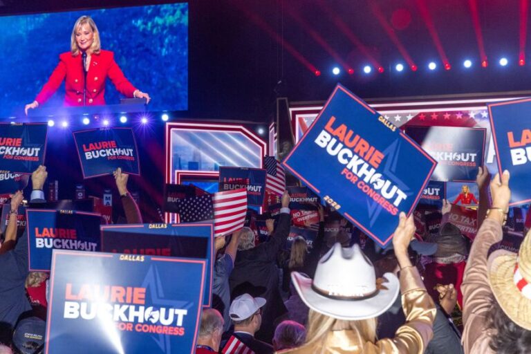 Attendees cheer as Laurie Buckhout, the Republican nominee for North Carolina’s first congressional district, speaks at the GOP Midterm Convention, at American Airlines Center in Dallas, Texas, on Thursday, September 10, 2026.