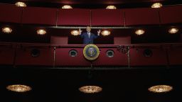 US President Donald Trump looks down from the Presidential Box in the Opera House at the John F. Kennedy Center for the Performing Arts as he participates in a guided tour and leads a board meeting on March 17, 2025.