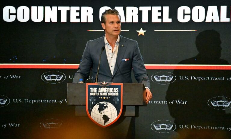 US Defense Secretary Pete Hegseth speaks during a forum of the Americas Counter Cartel Coalition in Panama City on August 12.
