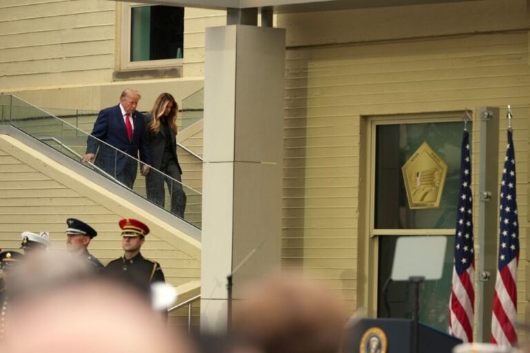 President Donald Trump and first lady Melania Trump arrive at an observance ceremony at the Pentagon in Washington, DC.