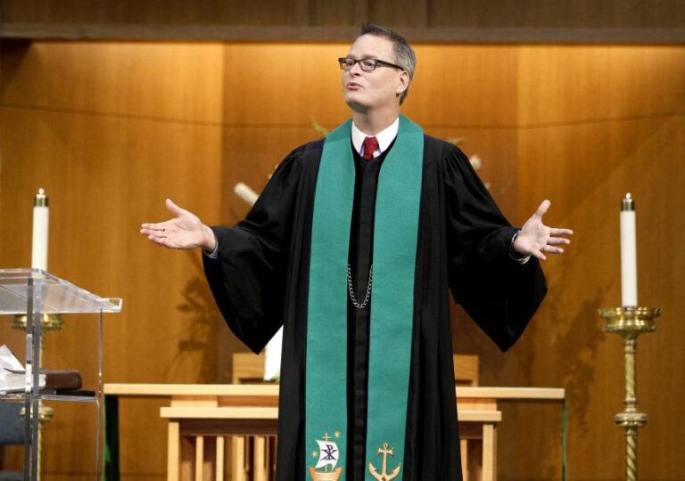 In this 2012 photo, Pastor Adam Hamilton speaks during a Sunday service in Wesley Covenant Chapel at the Church of the Resurrection in Leawood, Kansas.