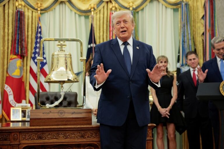 President Donald Trump after ringing the opening bell for the New York Stock Exchange and Nasdaq during an event to mark the launch of