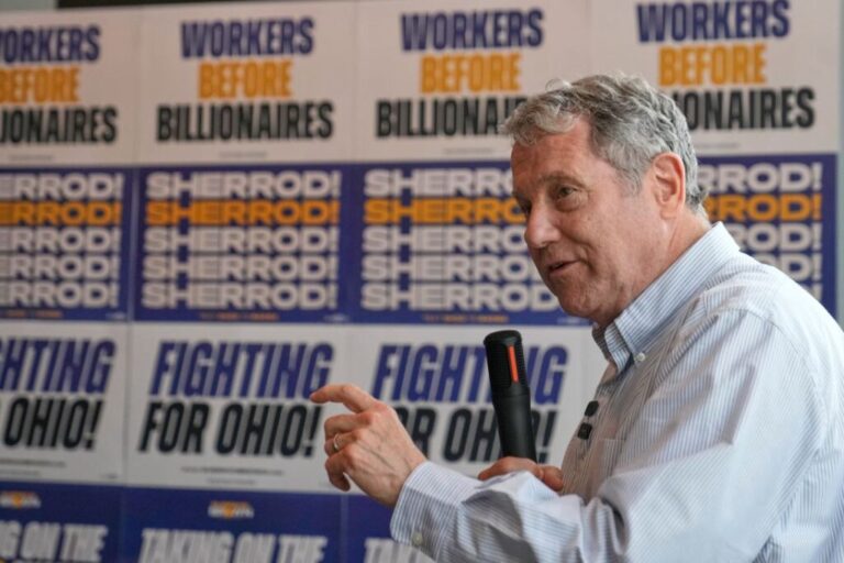 Democratic Ohio Senate candidate Sherrod Brown, a former three-term US senator, speaks at a campaigning event in Akron, Ohio, on July 16.