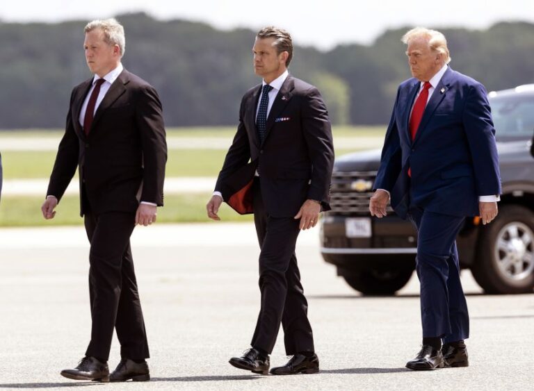 Secretary of the Army Dan Driscoll, Secretary of Defense Pete Hegseth and President Donald Trump attend a dignified transfer at Dover Air Force Base on July 22, in Dover, Delaware.