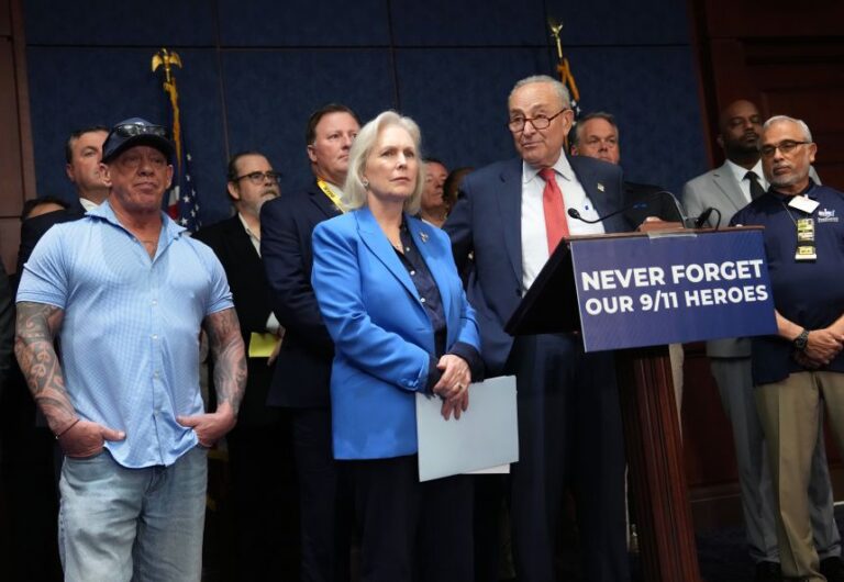 New York Sens. Charles Schumer and Sen. Kirsten Gillibrand join John Feal, left, a September 11 first responder advocate, at a news conference on the World Trade Center Health Program in May 2025.